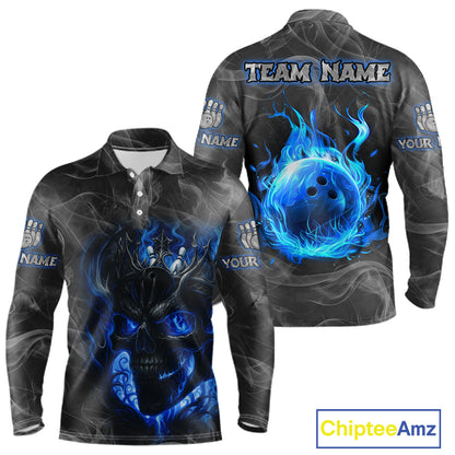 Grey Smoke Blue Flame Skull Bowling Polo, Quarter Zip Shirts For Men Custom Team Bowling Jerseys NQS11182