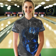 Load image into Gallery viewer, Grey Smoke Blue Flame Skull Bowling Polo, Quarter Zip Shirts For Women Custom Team Bowling Jerseys NQS11182