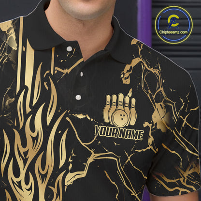 Black and Gold Camo Flame Bowling Polo, Quarter Zip Shirts For Men Custom Team Bowling Jerseys NQS11183