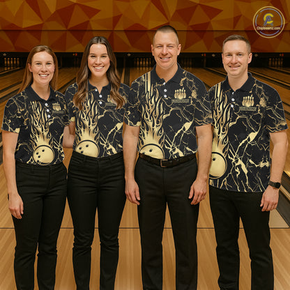 Black and Gold Camo Flame Bowling Polo, Quarter Zip Shirts For Men Custom Team Bowling Jerseys NQS11183
