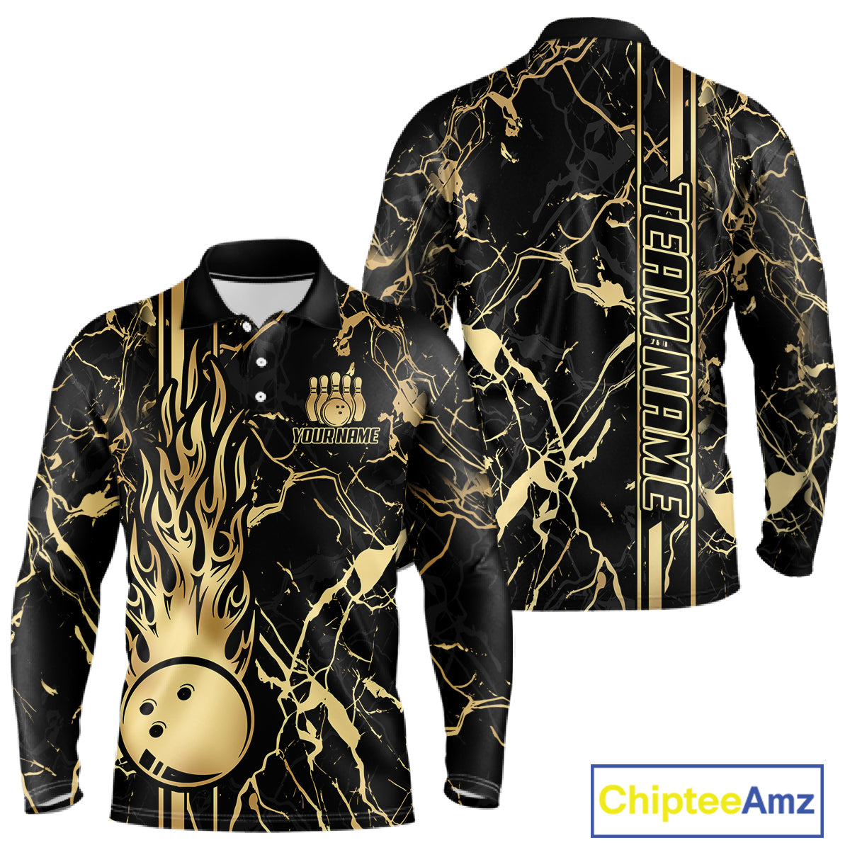 Black and Gold Camo Flame Bowling Polo, Quarter Zip Shirts For Men Custom Team Bowling Jerseys NQS11183