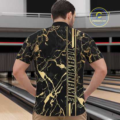 Black and Gold Camo Flame Bowling Polo, Quarter Zip Shirts For Men Custom Team Bowling Jerseys NQS11183