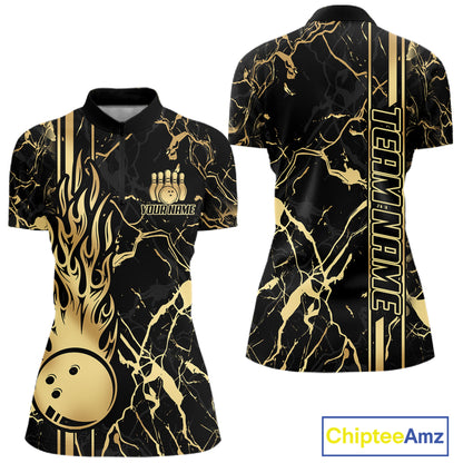 Black and Gold Camo Flame Bowling Polo, Quarter Zip Shirts For Women Custom Team Bowling Jerseys NQS11183