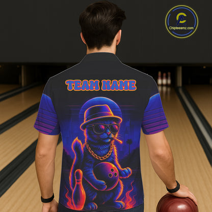 Custom Funny Cat Neon Bowling Hawaiian Shirt Bowling Uniform Button-up Bowling Team Shirts NQS11185