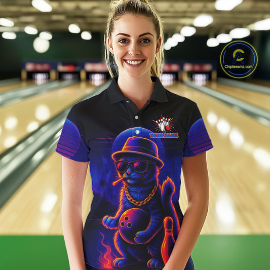 Custom Funny Cat Neon Bowling Jerseys for Women Bowling Uniform Polo & 1/4 Zip Bowling Team Shirts NQS11185