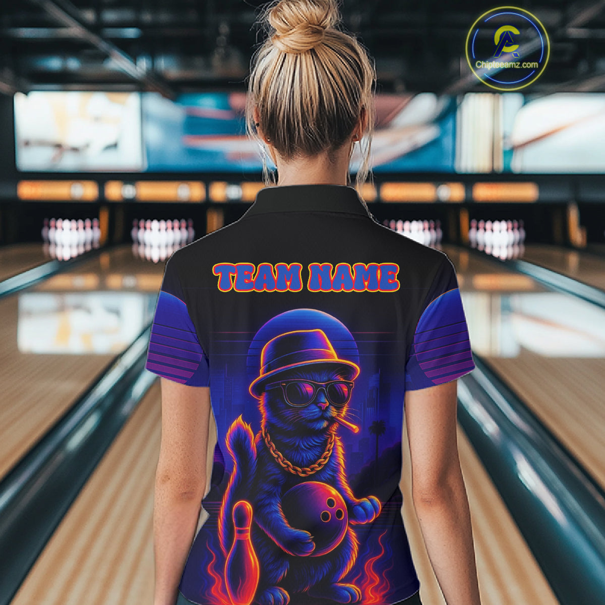 Custom Funny Cat Neon Bowling Jerseys for Women Bowling Uniform Polo & 1/4 Zip Bowling Team Shirts NQS11185