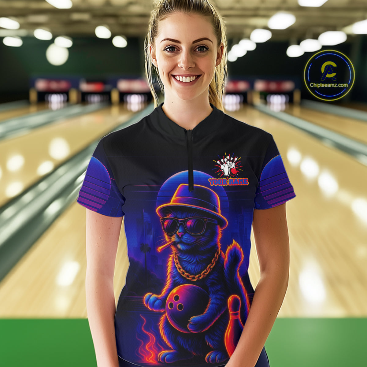 Custom Funny Cat Neon Bowling Jerseys for Women Bowling Uniform Polo & 1/4 Zip Bowling Team Shirts NQS11185