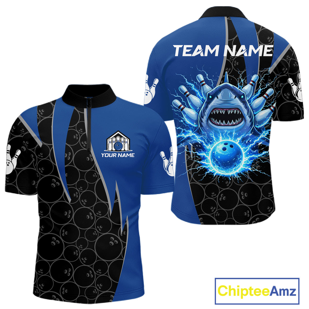 Black and blue lightning thunder shark bowling jerseys men custom bowling outfit men NQS11379