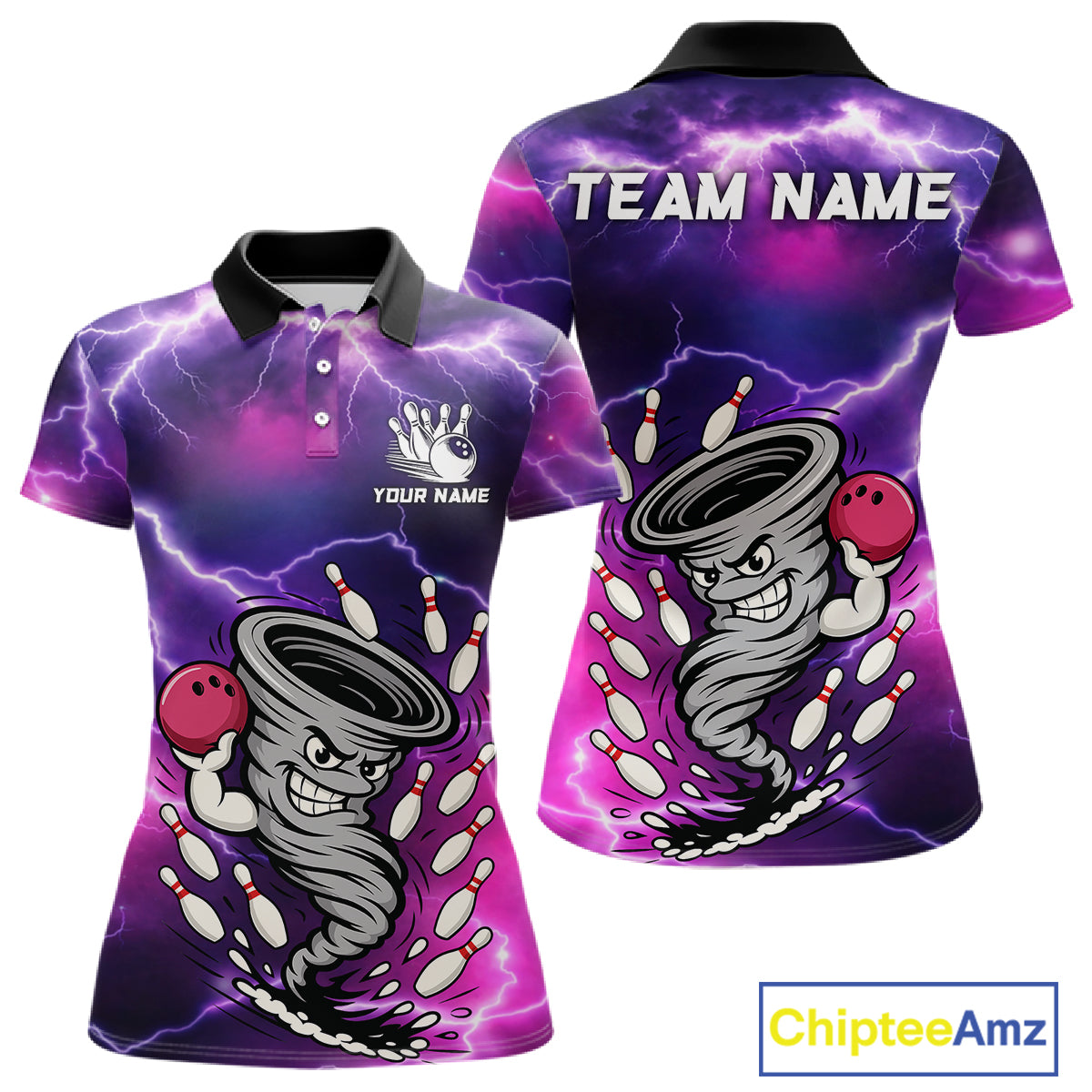 Custom Purple Bowling Jersey Lightning Thunder Funny tornado Womens Bowling Shirts, bowling uniforms NQS11594