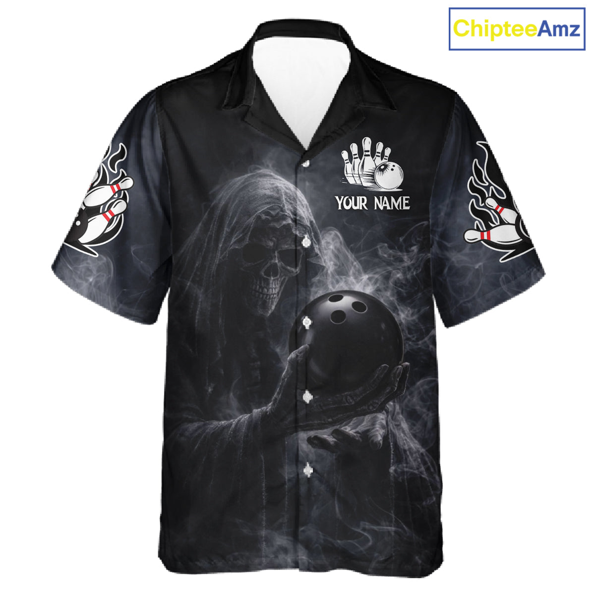 Custom Smoke Skull reaper Bowling Hawaiian Shirts, Team bowling outfit Jerseys NQS11596