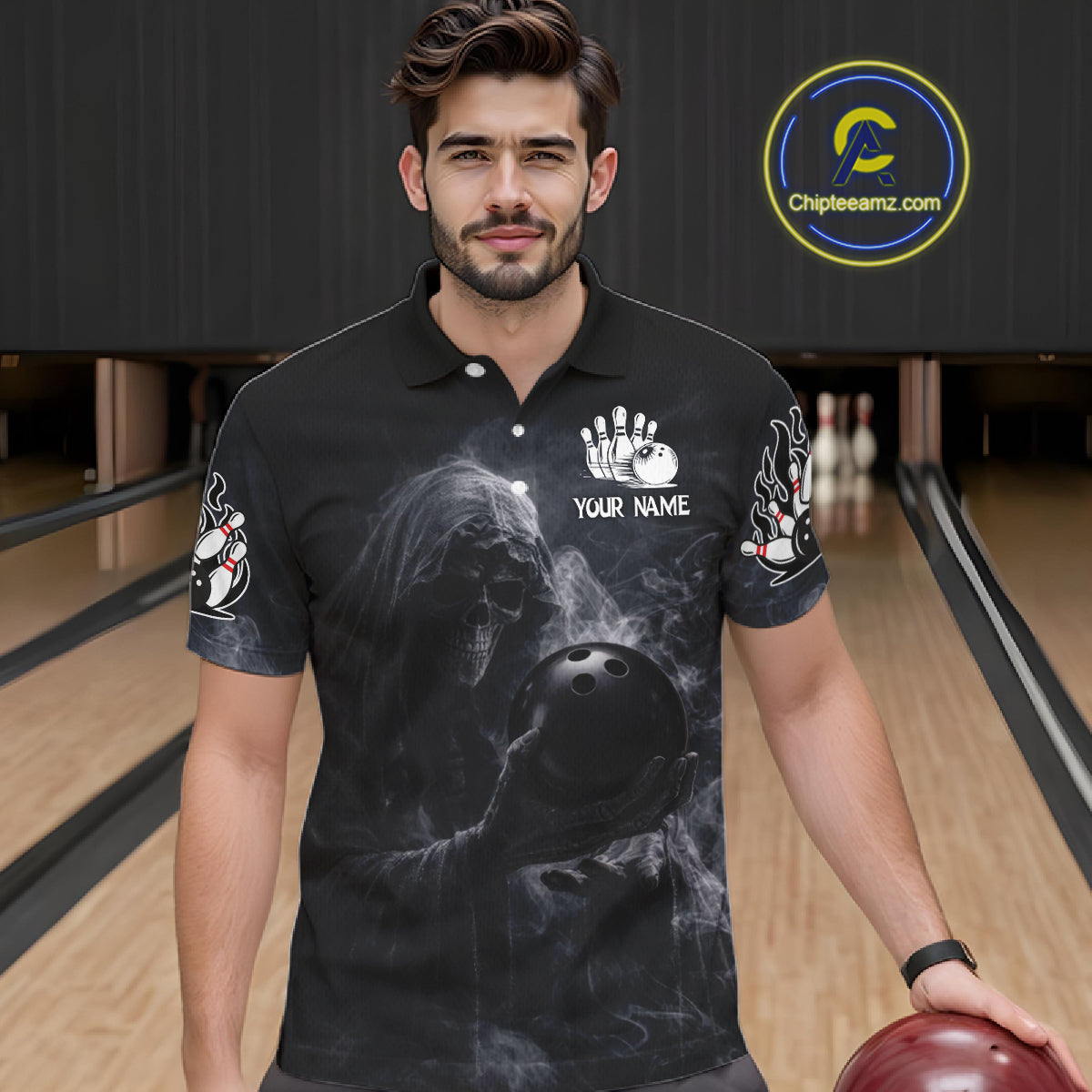 Custom Smoke Skull reaper Bowling Polo, 1/4 Zip Shirts for Men, Team bowling outfit Jerseys NQS11596