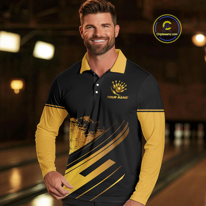 Custom Black And Gold Bowling Team Polo, Quarter-Zip Shirts For Men, Personalized Bowling Jerseys NQS10219