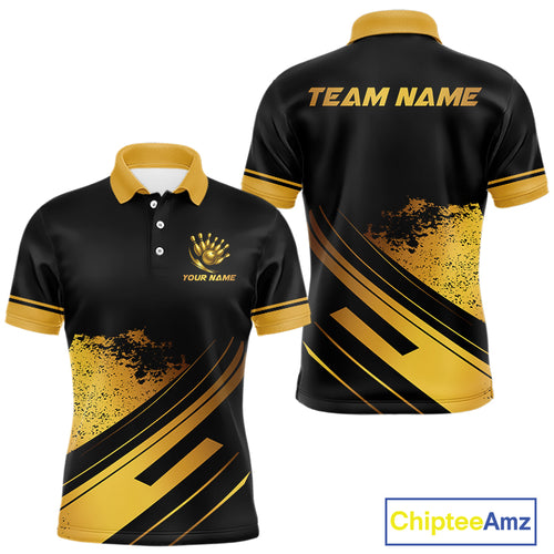 Custom Black And Gold Bowling Team Polo, Quarter-Zip Shirts For Men, Personalized Bowling Jerseys NQS10219