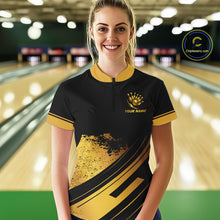 Load image into Gallery viewer, Custom Black And Gold Bowling Team Polo, Quarter-Zip Shirts For Women, Personalized Bowling Jerseys NQS10219