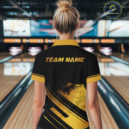 Custom Black And Gold Bowling Team Polo, Quarter-Zip Shirts For Women, Personalized Bowling Jerseys NQS10219