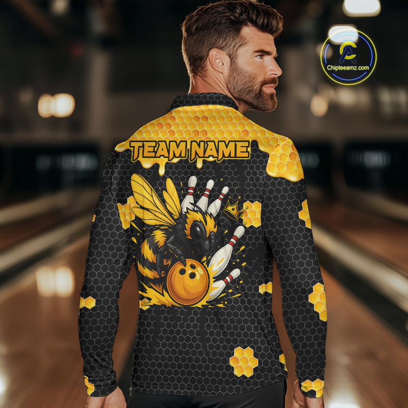 Custom Black and Yellow Honey Bee Bowling Shirts For Men, Bee Bowling Team Bowlers Outfit NQS10376