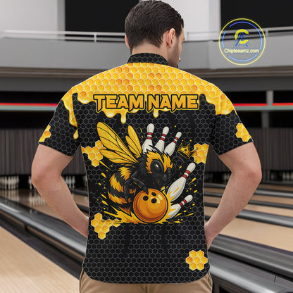 Custom Black and Yellow Honey Bee Bowling Shirts For Men, Bee Bowling Team Bowlers Outfit NQS10376