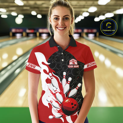 Black and Red Camo Bowling Polo, Quarter Zip Shirt For Women custom Bowling Team Jerseys Uniform NQS10380