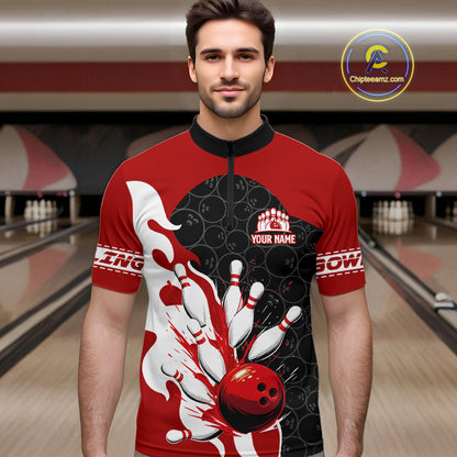 Black and Red Camo Bowling Polo, Quarter Zip Shirt For Men custom Bowling Team Jerseys Uniform NQS10380