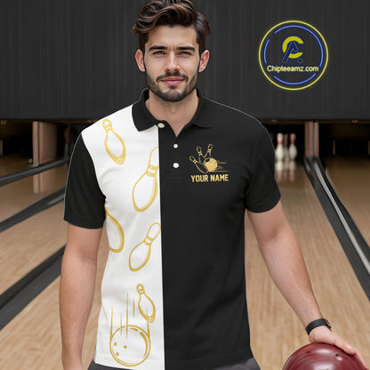Black and white retro vintage Bowling polo, 1/4 Zip shirts for Men custom Bowling team jerseys | Gold NQS10808