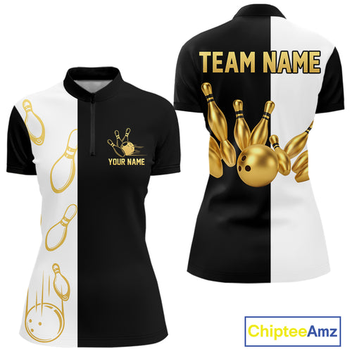 Black and white retro vintage Bowling polo, 1/4 Zip shirt for Women custom Bowling team jersey | Gold NQS10808