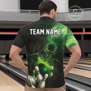 Black and green lightning skull Bowling polo, 1/4 Zip shirts for Men custom Bowling team Jersey NQS10809