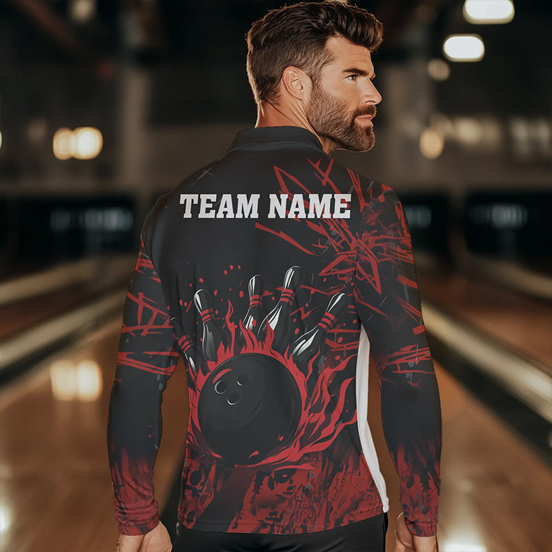Black and Red Flame Bowling Polo, Quarter Zip Shirts for Men Custom Team mens bowling jersey NQS9313