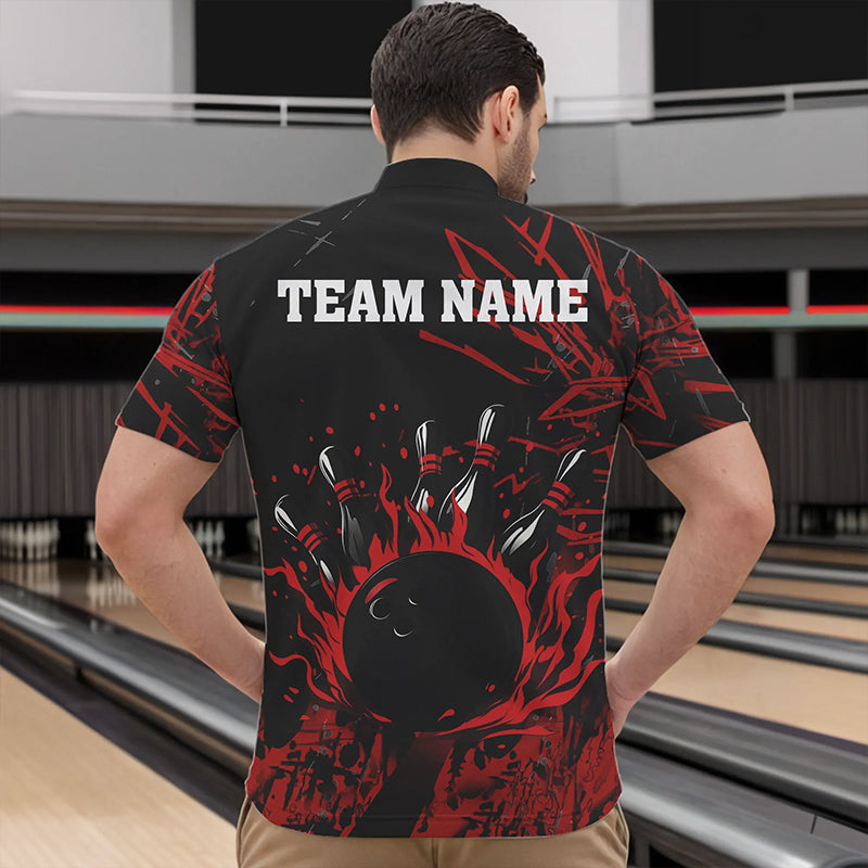 Black and Red Flame Bowling Polo, Quarter Zip Shirts for Men Custom Team mens bowling jersey NQS9313