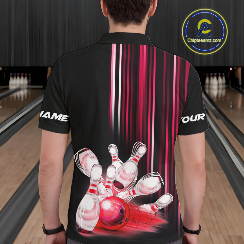 Black and red light Men bowling Polo, Quarter Zip Shirt Custom bowling ball and pins Team jerseys NQS9828