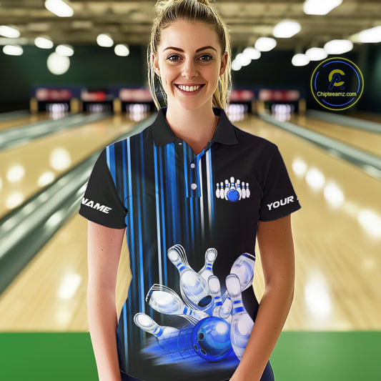 Black and blue light Women bowling Polo, Quarter Zip Shirt Custom bowling ball and pins Team jerseys NQS9829