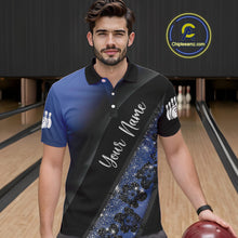 Load image into Gallery viewer, Black and Blue Glitter Flower Bowling Polo, Quarter Zip Shirt for Men Custom Bowling Team Jerseys NQS10383