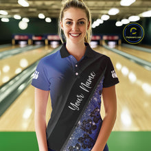 Load image into Gallery viewer, Black and Blue Glitter Flower Bowling Polo, Quarter Zip Shirt for Women Custom Bowling Team Jerseys NQS10383