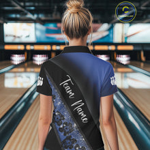 Load image into Gallery viewer, Black and Blue Glitter Flower Bowling Polo, Quarter Zip Shirt for Women Custom Bowling Team Jerseys NQS10383