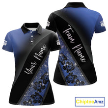 Load image into Gallery viewer, Black and Blue Glitter Flower Bowling Polo, Quarter Zip Shirt for Women Custom Bowling Team Jerseys NQS10383