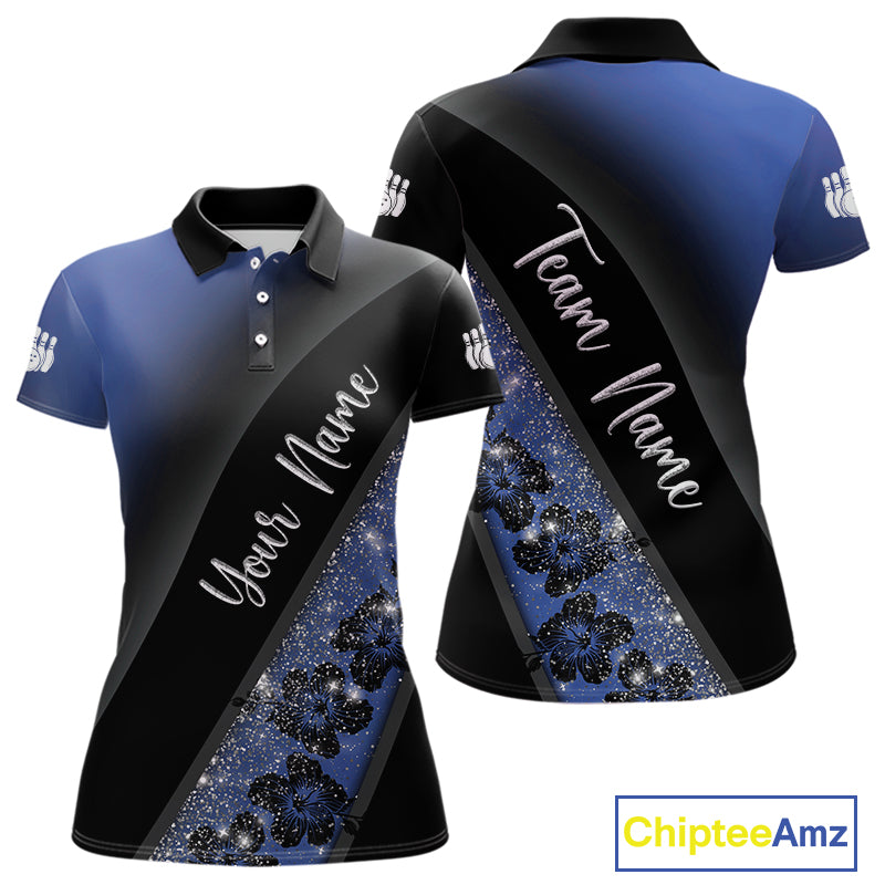 Black and Blue Glitter Flower Bowling Polo, Quarter Zip Shirt for Women Custom Bowling Team Jerseys NQS10383