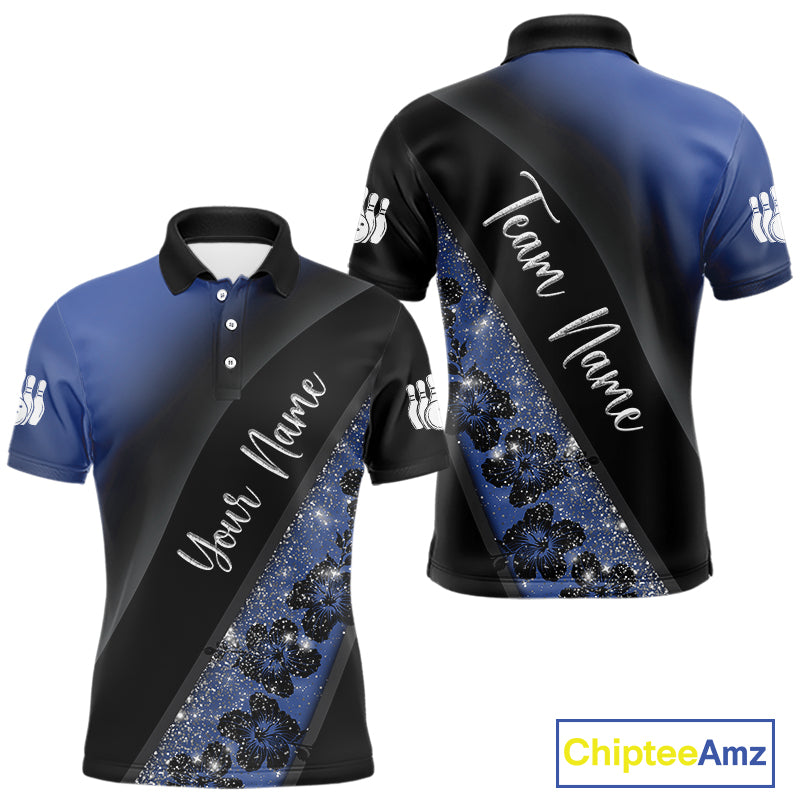 Black and Blue Glitter Flower Bowling Polo, Quarter Zip Shirt for Men Custom Bowling Team Jerseys NQS10383