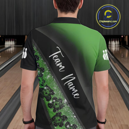 Black and Green Glitter Flower Bowling Polo, Quarter Zip Shirt for Men Custom Bowling Team Jerseys NQS10384