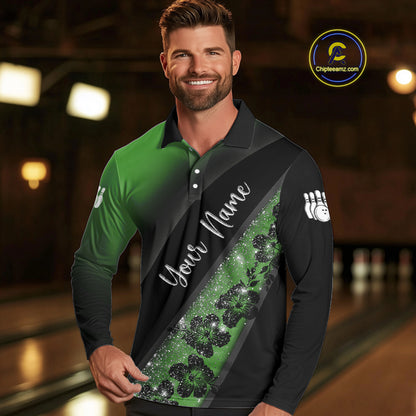 Black and Green Glitter Flower Bowling Polo, Quarter Zip Shirt for Men Custom Bowling Team Jerseys NQS10384