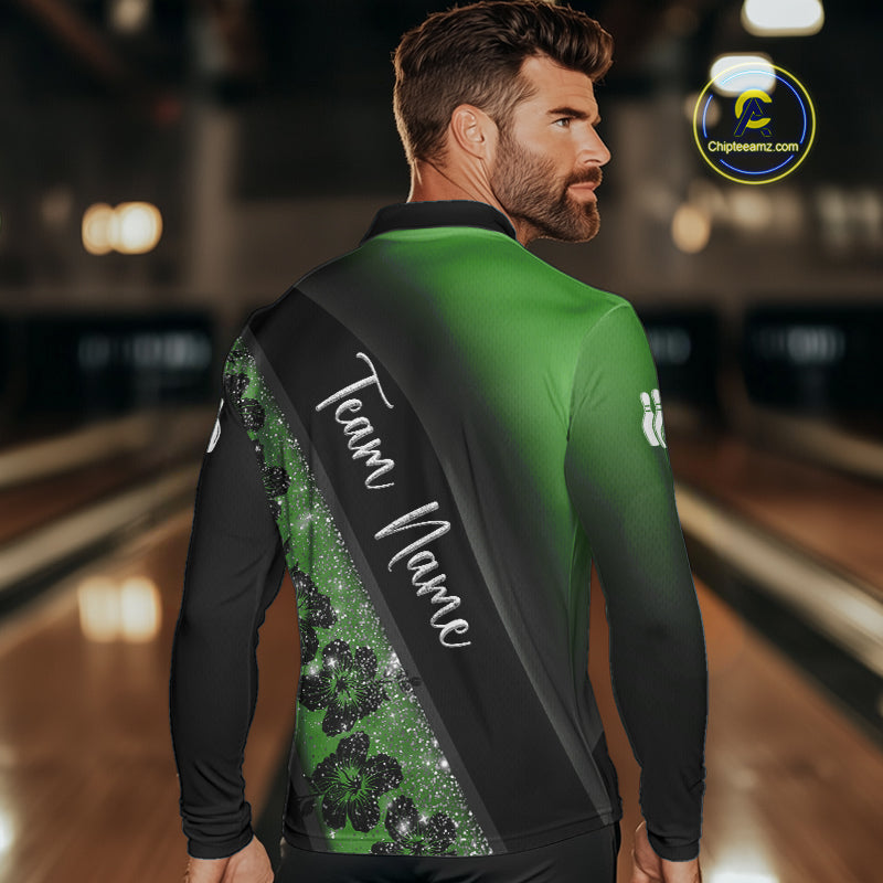 Black and Green Glitter Flower Bowling Polo, Quarter Zip Shirt for Men Custom Bowling Team Jerseys NQS10384
