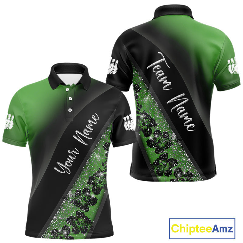 Black and Green Glitter Flower Bowling Polo, Quarter Zip Shirt for Men Custom Bowling Team Jerseys NQS10384