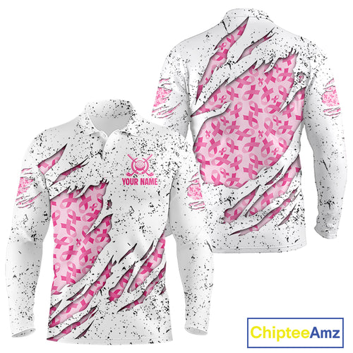 Pink ribbon white grunge pattern Mens golf polo shirt custom breast cancer awareness mens golf top NQS10386