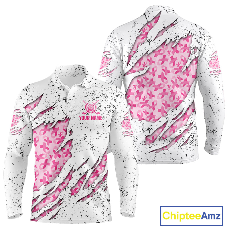 Pink ribbon white grunge pattern Mens golf polo shirt custom breast cancer awareness mens golf top NQS10386