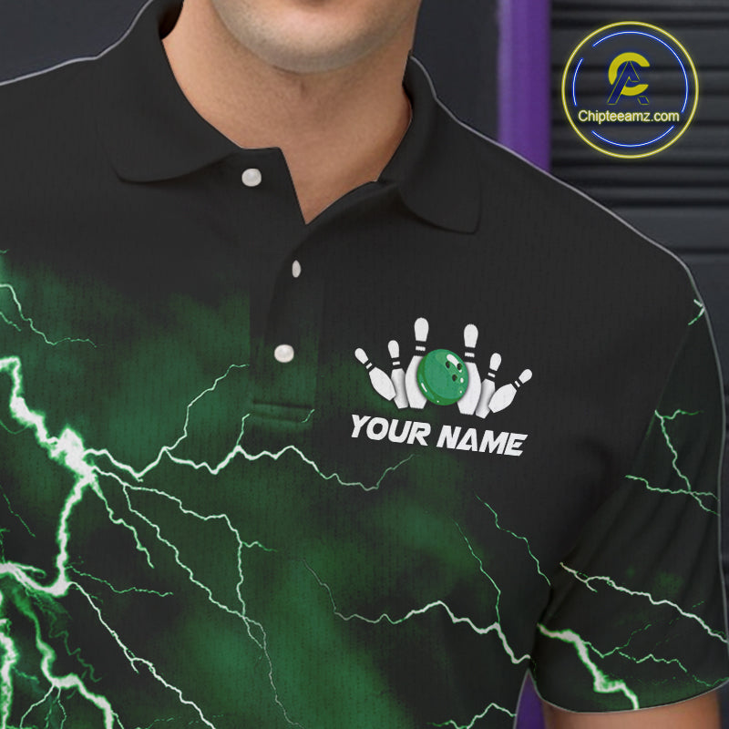 Mens bowling shirts Custom green lightning thunder flame Bowling Team Jersey, gift for team Bowlers NQS10388