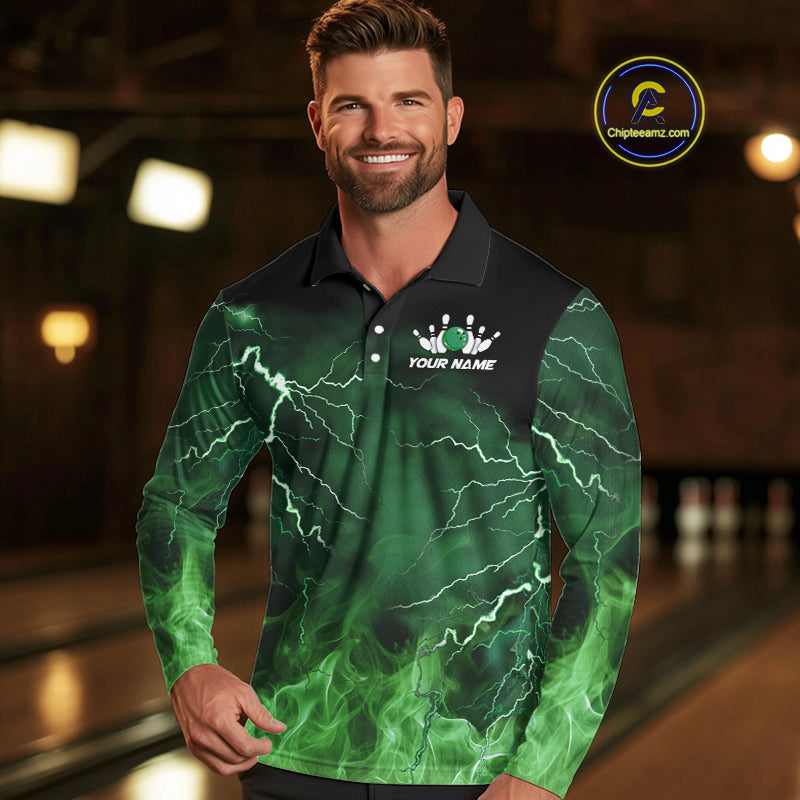 Mens bowling shirts Custom green lightning thunder flame Bowling Team Jersey, gift for team Bowlers NQS10388