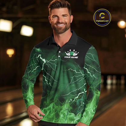 Mens bowling shirts Custom green lightning thunder flame Bowling Team Jersey, gift for team Bowlers NQS10388