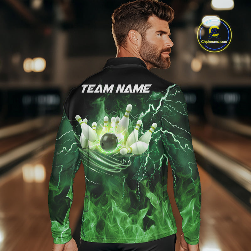 Mens bowling shirts Custom green lightning thunder flame Bowling Team Jersey, gift for team Bowlers NQS10388
