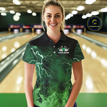Load image into Gallery viewer, Women bowling shirts Custom green lightning thunder flame Bowling Team Jersey, gift for team Bowlers NQS10388