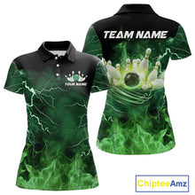 Load image into Gallery viewer, Women bowling shirts Custom green lightning thunder flame Bowling Team Jersey, gift for team Bowlers NQS10388