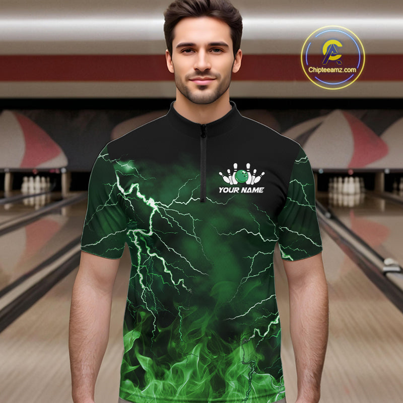 Mens bowling shirts Custom green lightning thunder flame Bowling Team Jersey, gift for team Bowlers NQS10388