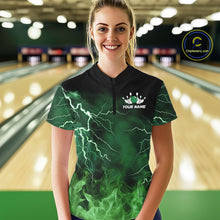 Load image into Gallery viewer, Women bowling shirts Custom green lightning thunder flame Bowling Team Jersey, gift for team Bowlers NQS10388